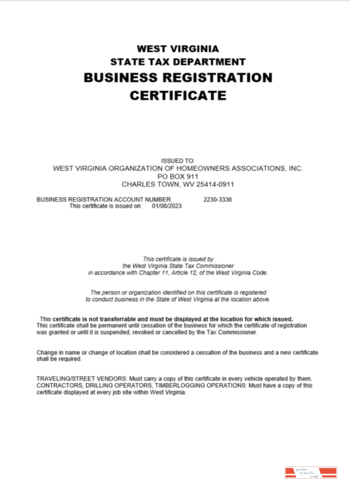 USA West Virginia certificate of company registration Word and PDF template